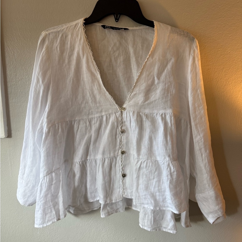 Zara White V-Neck Blouse